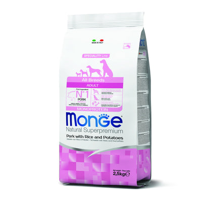 Mangime secco Monge per cani adulti con maiale, riso e patate monoprotein in crocchette