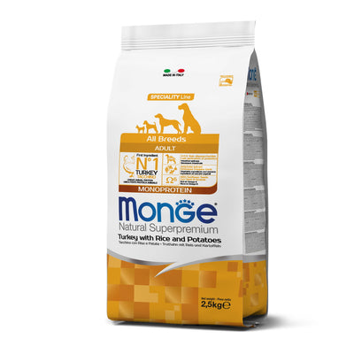 Mangime secco monoprotein Monge per cani adulti con tacchino, riso e patate