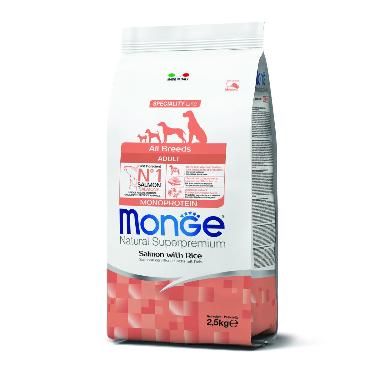 Mangime secco per cani all breeds adult con salmone e riso monoprotein Monge in crocchette