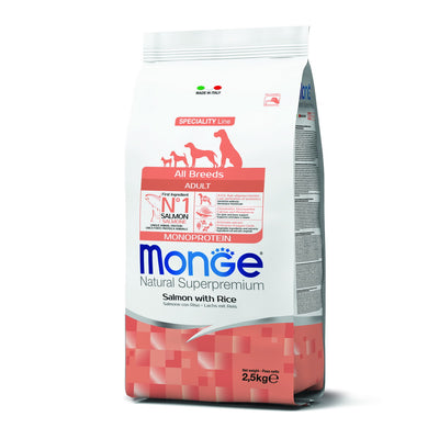Mangime secco per cani all breeds adult con salmone e riso monoprotein Monge in crocchette