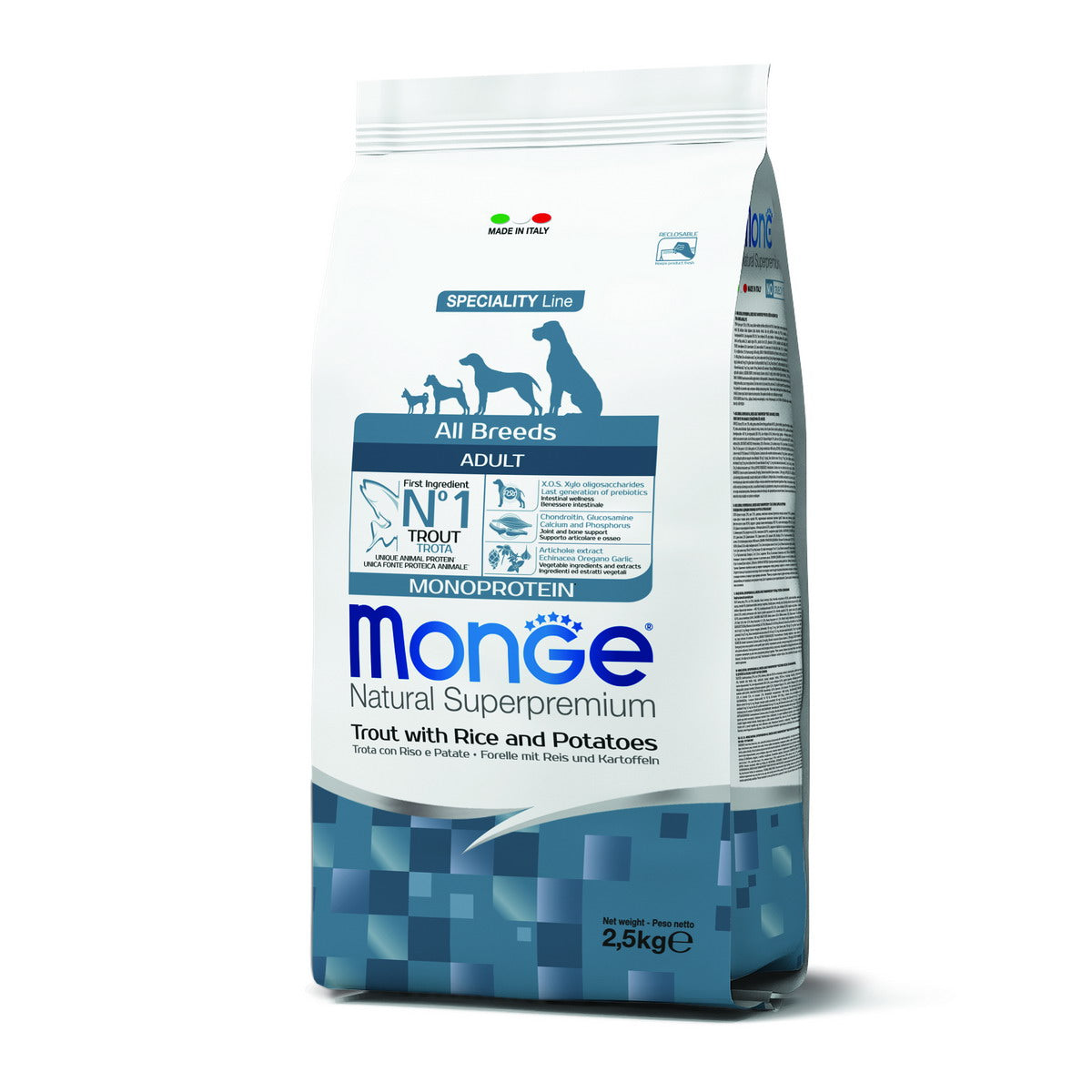 Mangime secco Monge DRY DOG All Breeds Adult Trota, Riso e Patate monoprotein per cani adulti