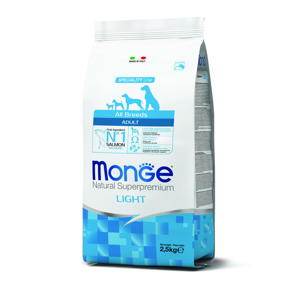 Mangime secco Monge per cani adulti con salmone e riso monoprotein light in crocchette