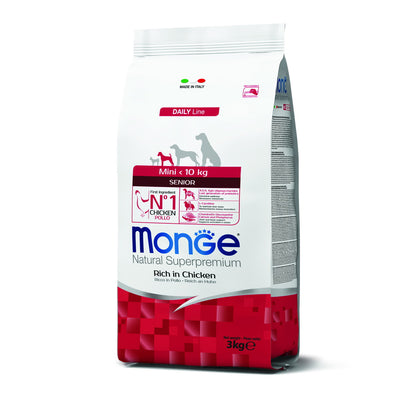 Mangime secco Monge Mini Senior con pollo per cani anziani di taglia piccola, confezione da 3 kg