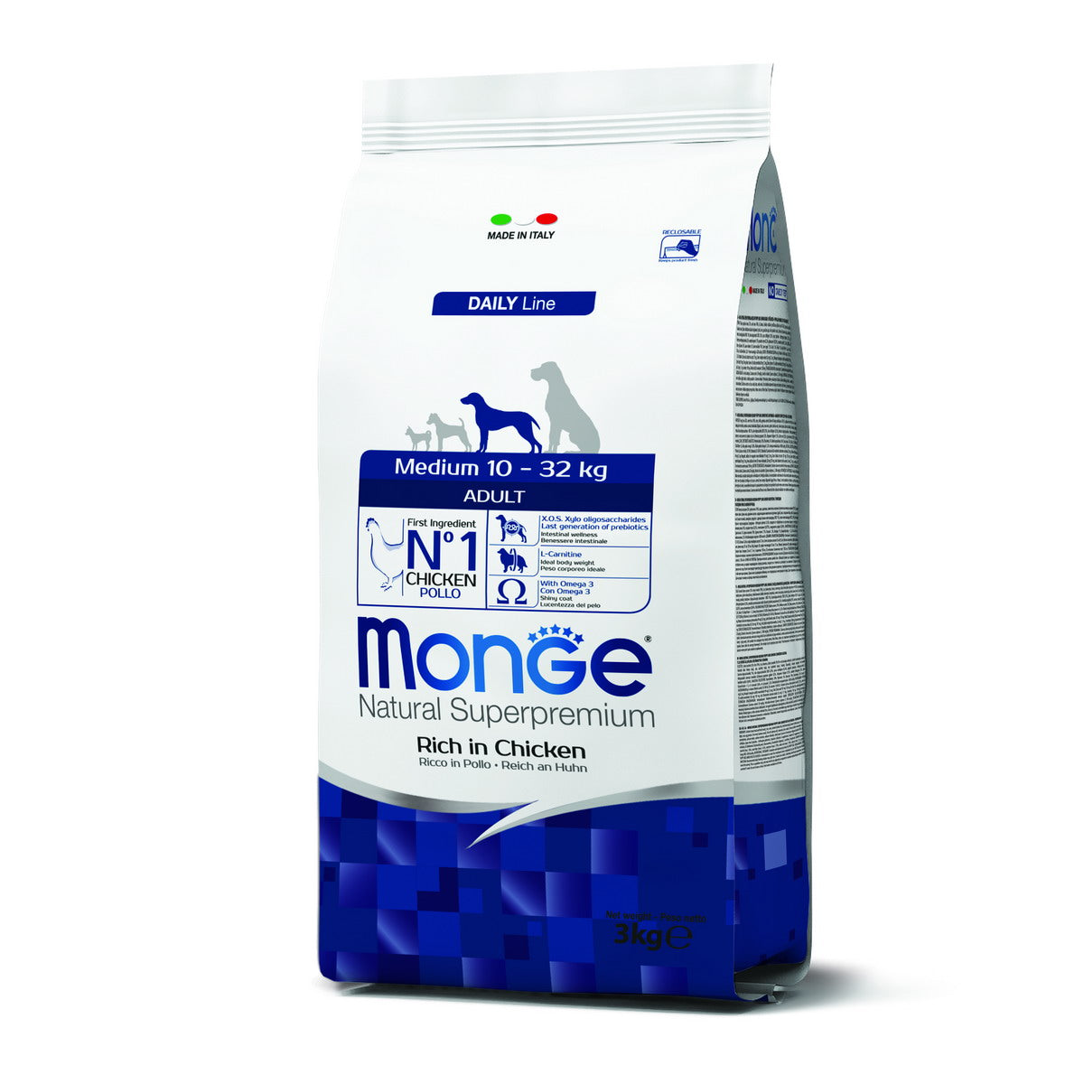 Mangime secco per cani adulti medi Monge ricco di pollo, crocchette complete Made in Italy