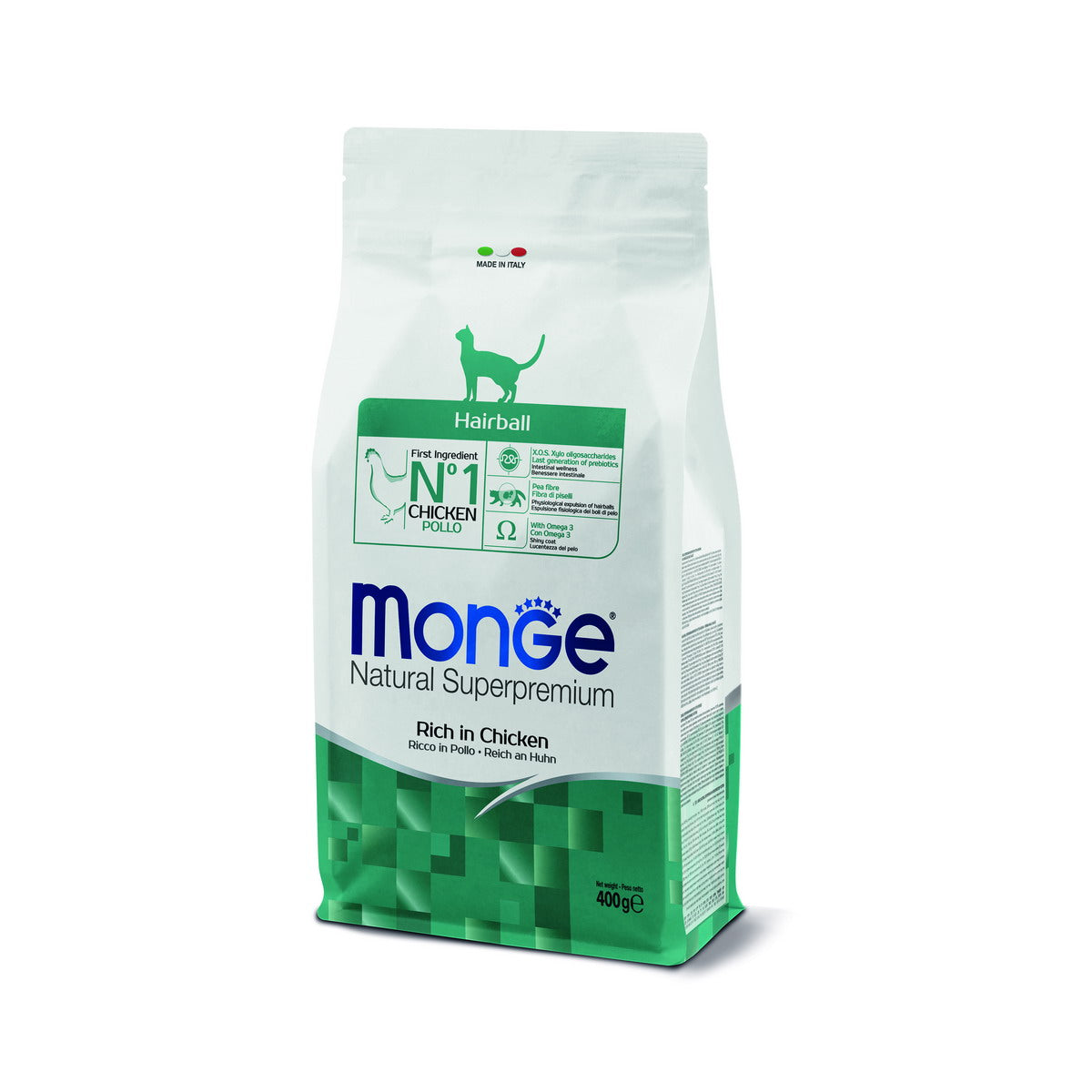 Mangime secco per gatti Monge DRY CAT HAIRBALL con pollo, fibra di piselli e olio di salmone