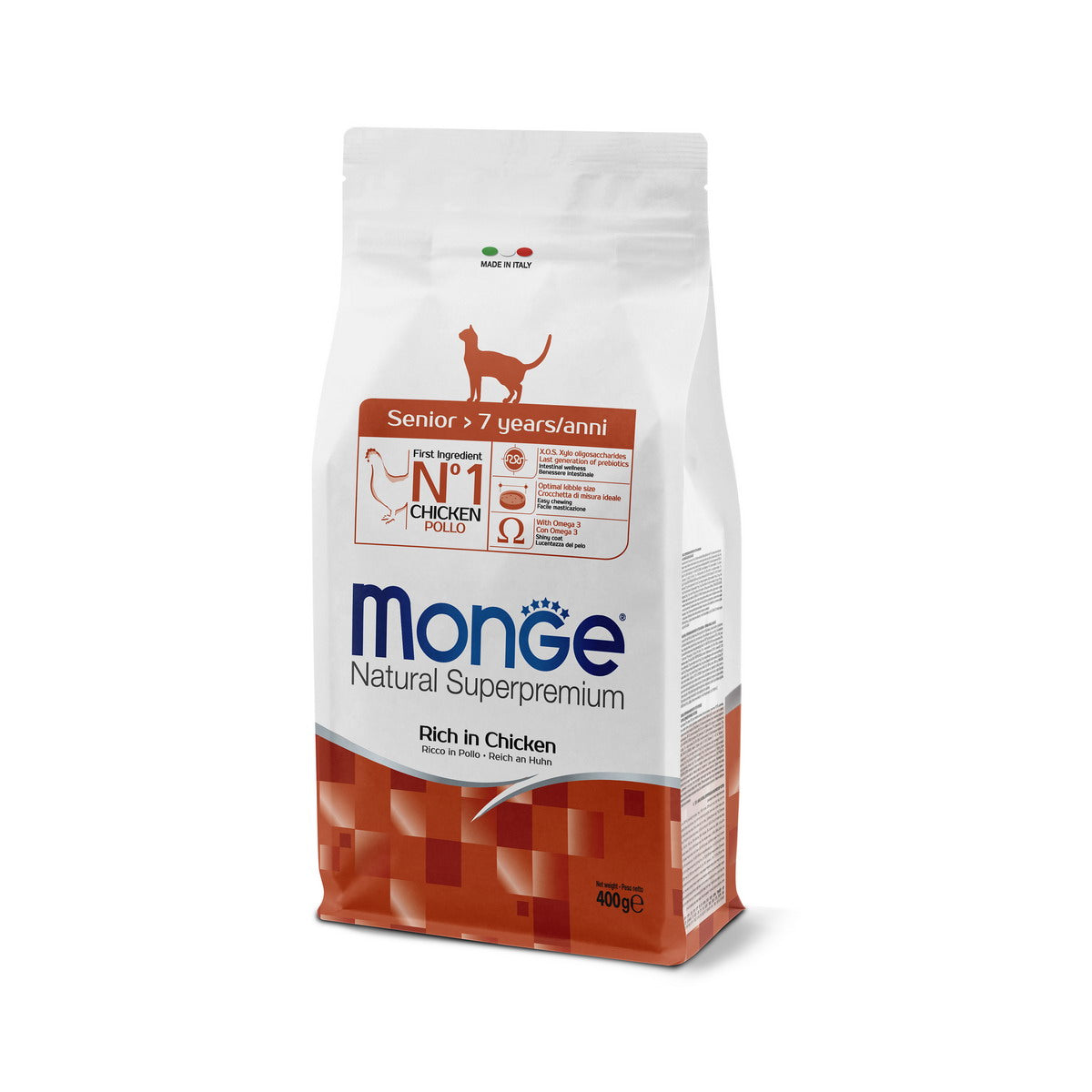 Mangime secco per gatti senior al pollo Monge, crocchette complete e bilanciate