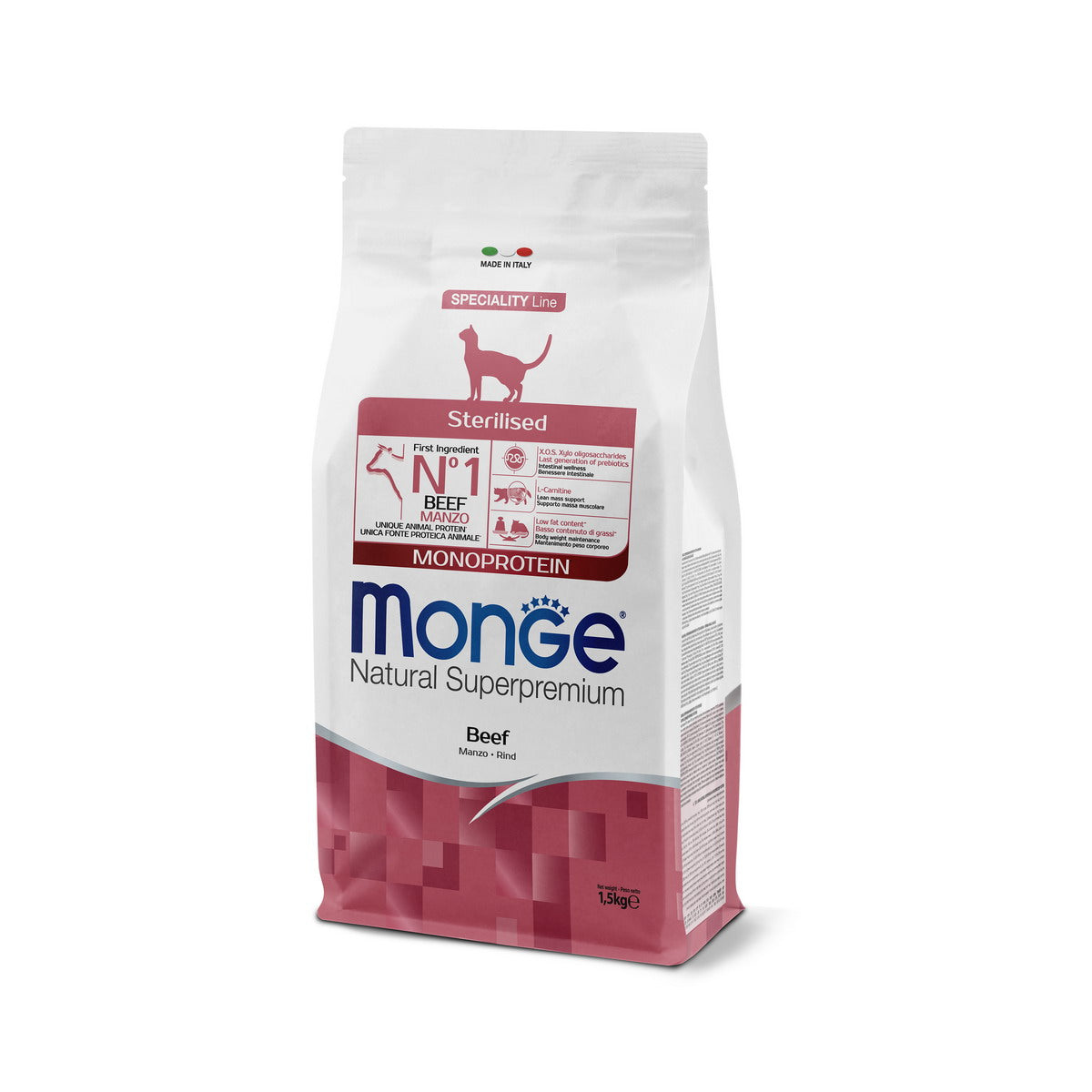 Mangime secco Monge per gatti sterilizzati monoprotein manzo, confezione 1,5 kg