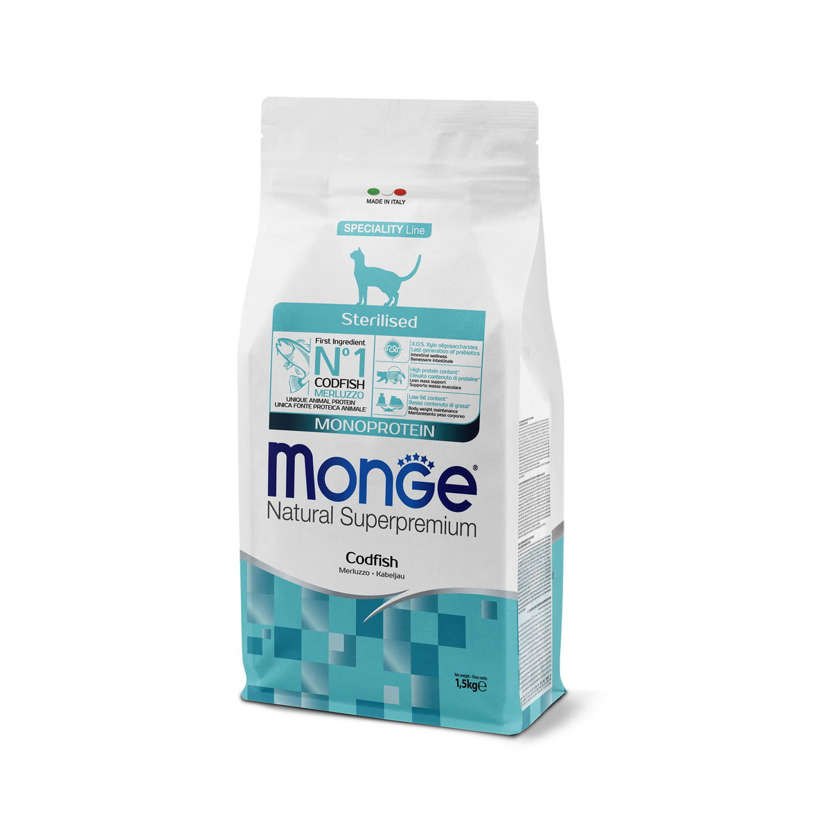 Mangime secco per gatti sterilizzati Monge Monoprotein Merluzzo, confezione da 1,5 kg
