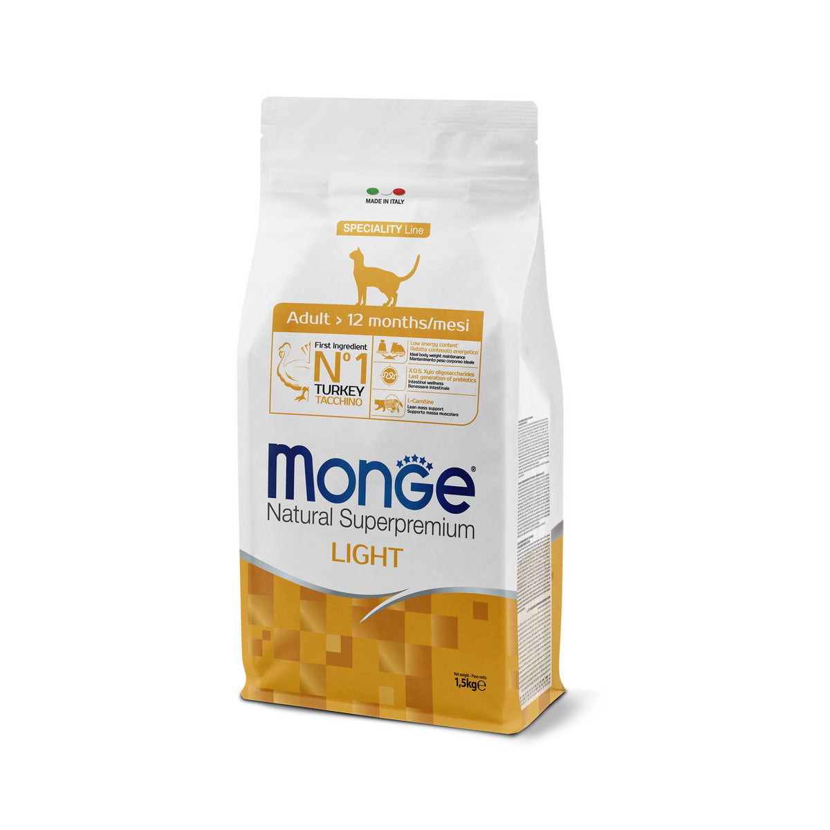 Mangime secco Monge Light per gatti adulti con tacchino, confezione da 1,5 kg