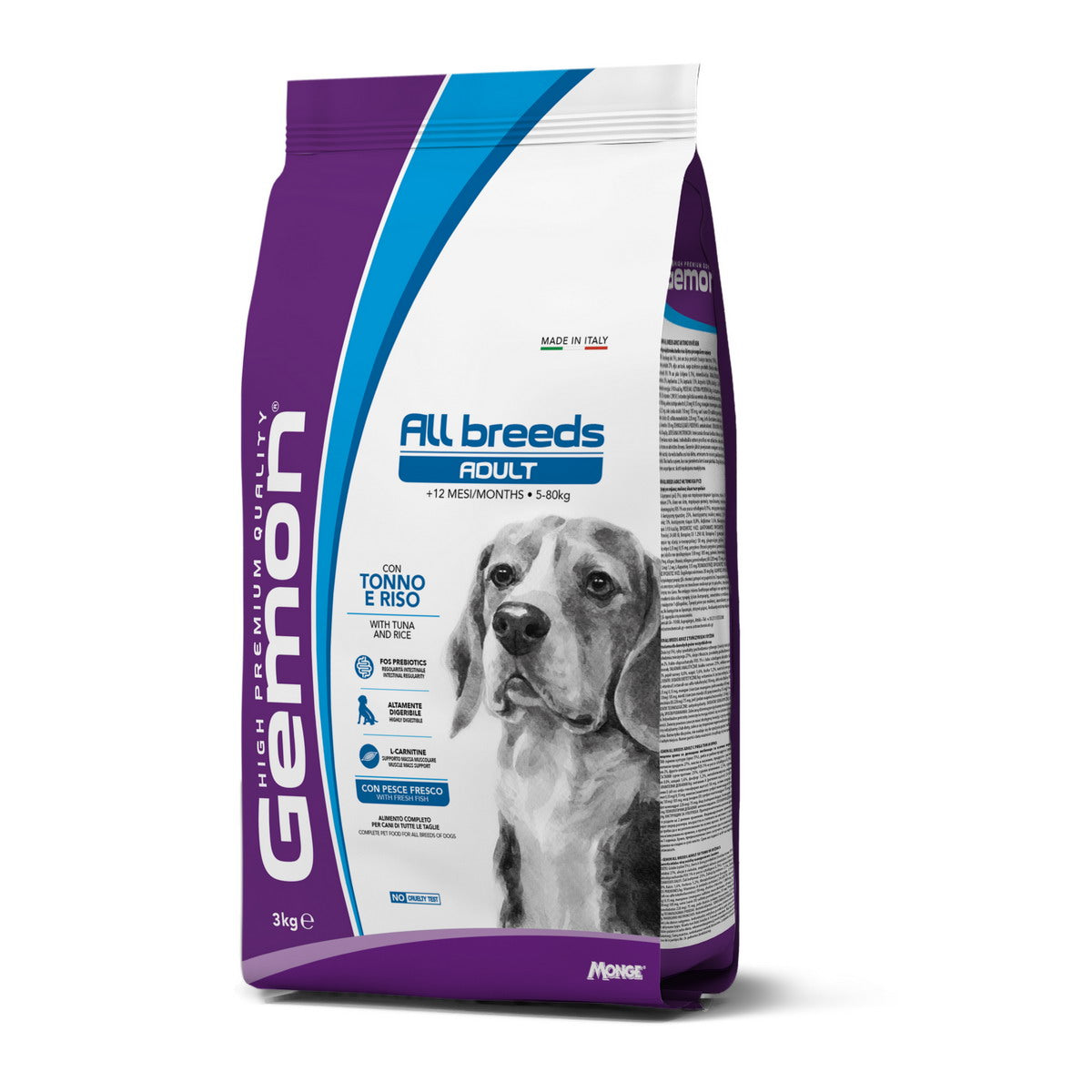 Mangime secco Gemon per cani adulti con tonno e riso, crocchette complete per tutte le razze