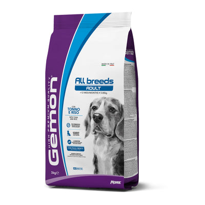 Mangime secco Gemon per cani adulti con tonno e riso, crocchette complete per tutte le razze