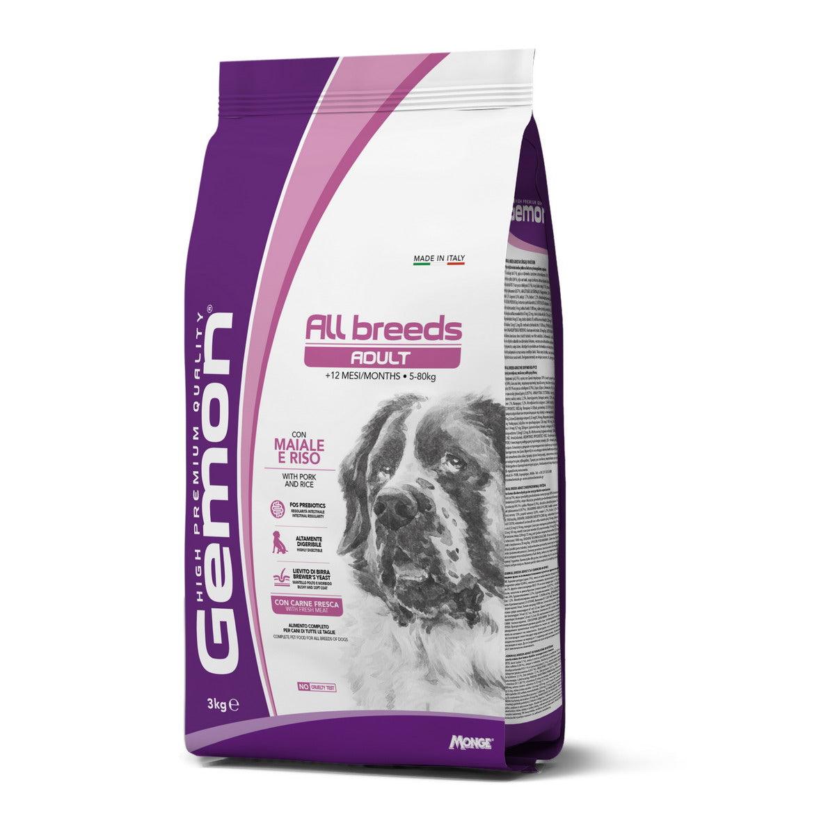 Mangime secco per cani adult con maiale e riso GEMON ALL BREEDS, crocchette in formato famiglia
