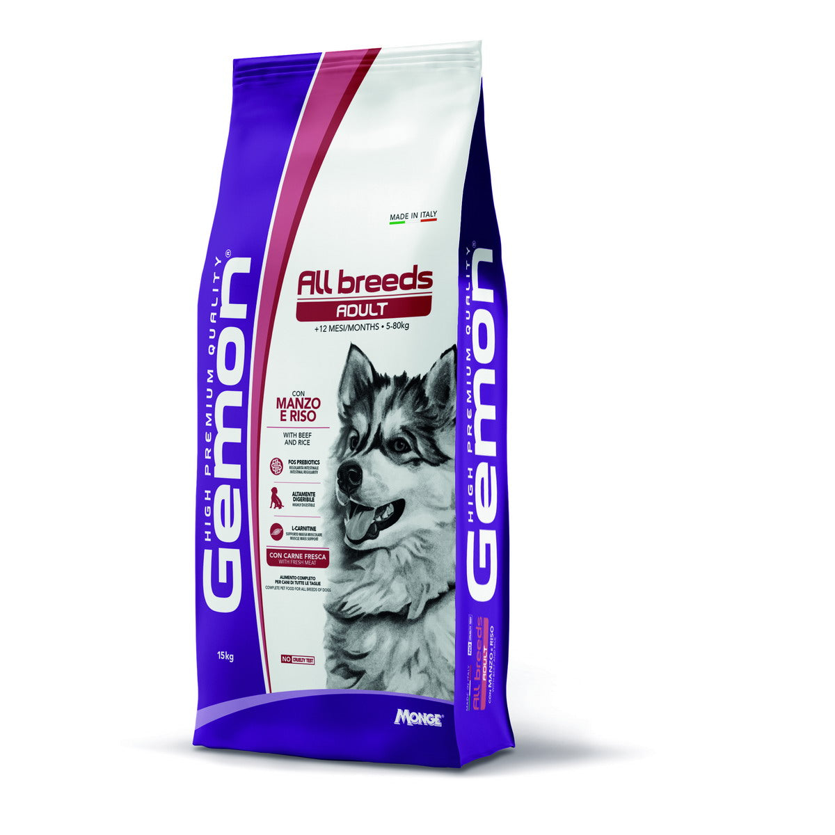 Mangime secco GEMON per cani adulti con manzo e riso, confezione da 15 kg