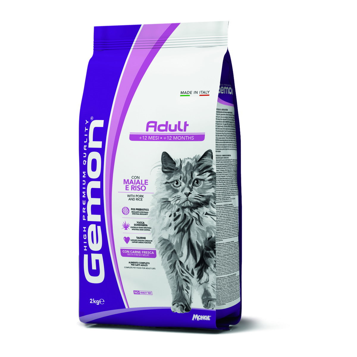Mangime secco Gemon per gatti adulti con maiale e riso, confezione da 2 kg