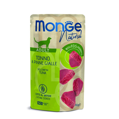 Buste di tonno pinne gialle Monge Natural per gatti adulti in jelly, formato 80g