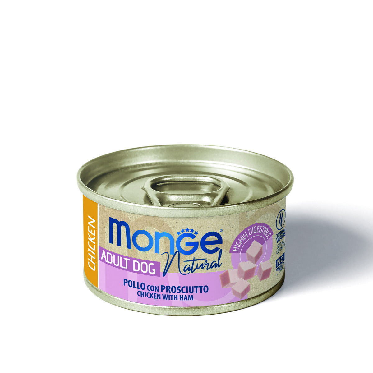 Mangime umido Monge Natural per cani adulti con pollo e prosciutto, lattina 95 g
