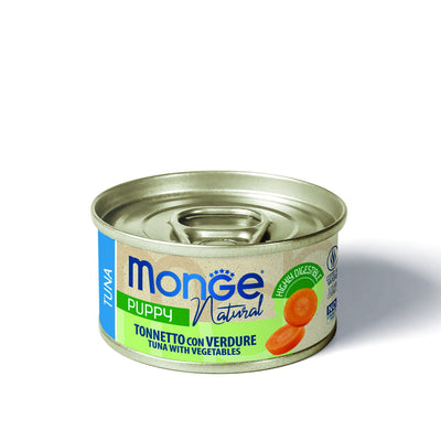 Lattina di alimento umido Monge Natural per cani cuccioli al tonnetto con verdure, 95 g