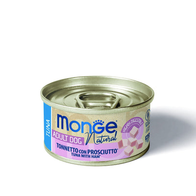 Lattina di alimento umido Monge Natural Dog tonnetto con prosciutto per cani adulti, 95 g
