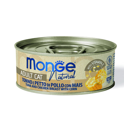 Mangime umido Monge Natural per gatti adulti con tonno e petto di pollo, lattina 80 g