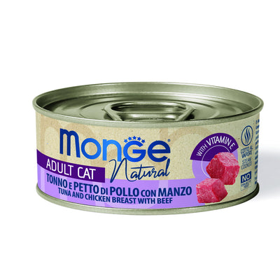Mangime umido Monge Natural per gatti adulti con tonno e petto di pollo, lattina 80 g