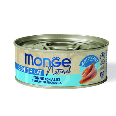 Mangime umido per gatti senior tonno e alici in gelatina Monge Natural, 80 g