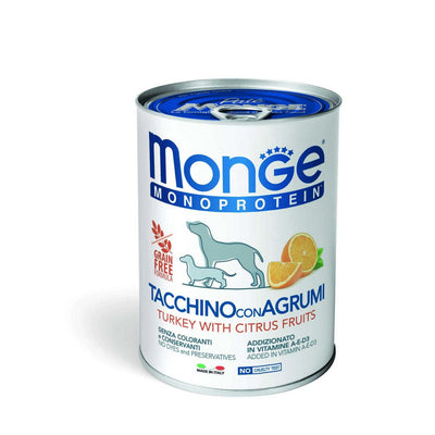 Paté monoprotein Monge per cani con tacchino e agrumi, 400 g