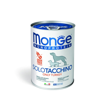 Paté Monoprotein Tacchino Monge per cani, lattina 400 g, alimento umido completo