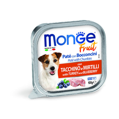 Paté e bocconcini Monge Fruit per cani con tacchino fresco e mirtilli in vaschetta 100 g