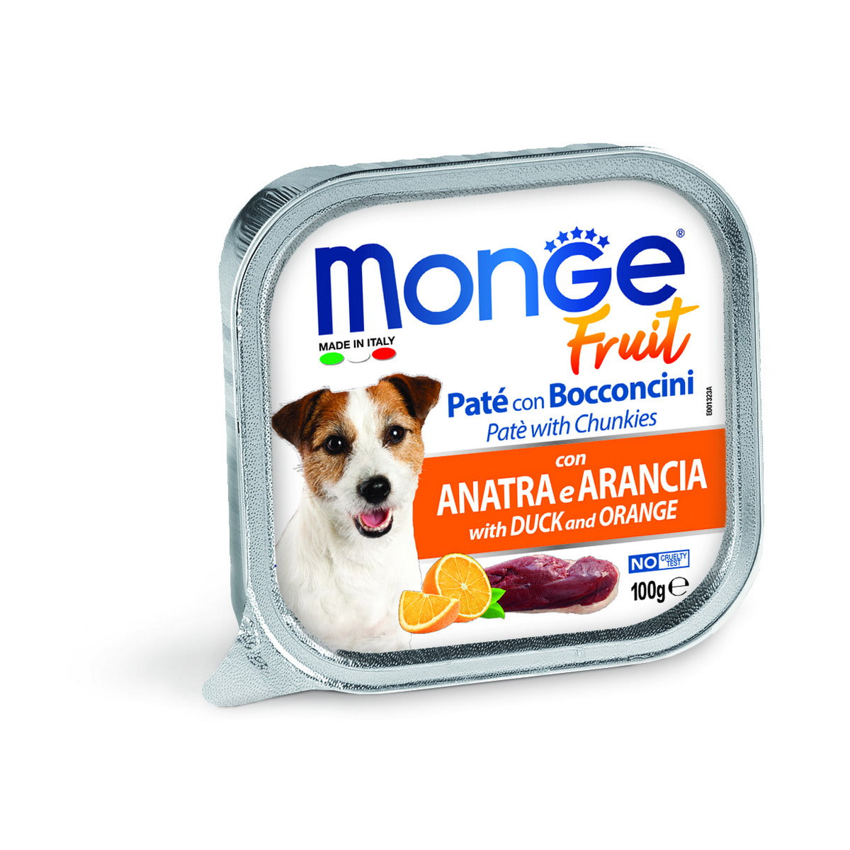 Paté e bocconcini Monge Fruit per cani con anatra e arancia, vaschetta 100 g