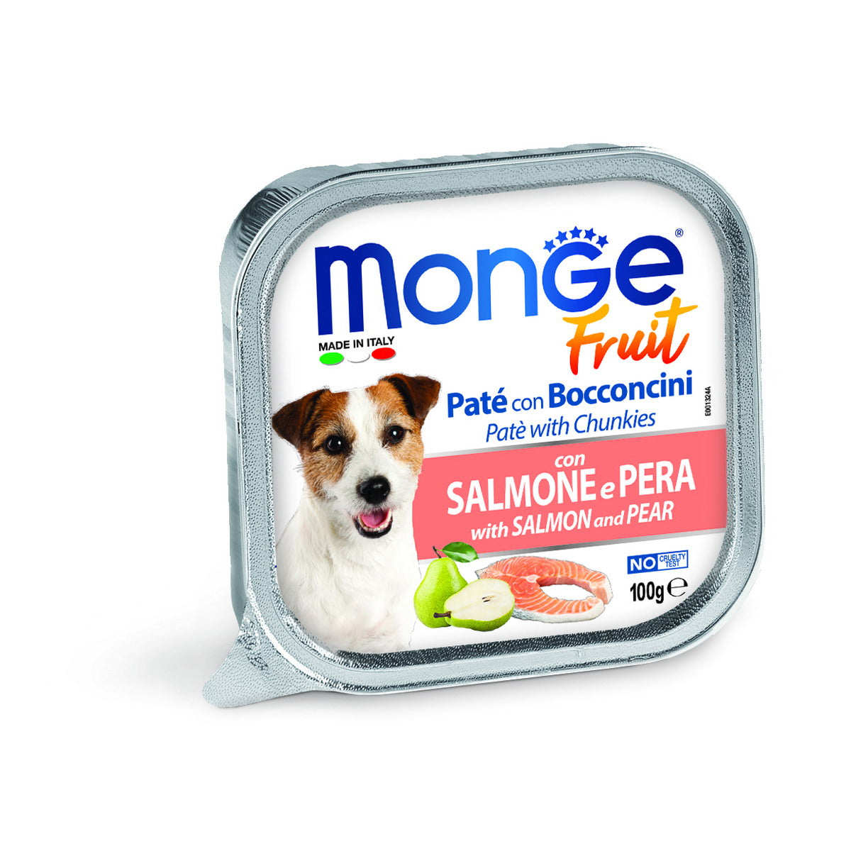 Paté e bocconcini per cani Monge Fruit Dog con salmone e pera, vaschetta 100 g