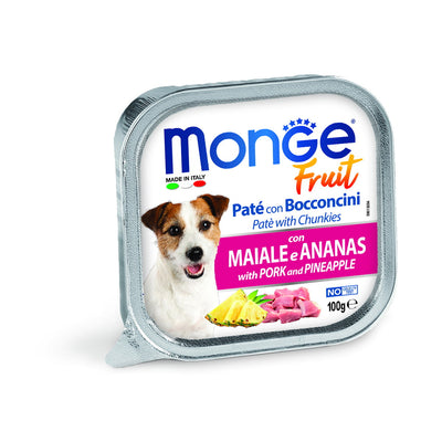 Paté e bocconcini Monge Fruit per cani con maiale e ananas, vaschetta 100 g