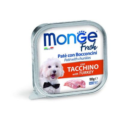 Paté con bocconcini di tacchino Monge Fresh per cani, vaschetta 100 g