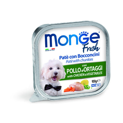 Paté Monge Fresh con bocconcini di pollo e verdure per cani, vaschetta 100 g