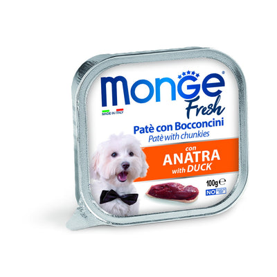 Paté con bocconcini di anatra Monge Fresh per cani in vaschetta da 100 g