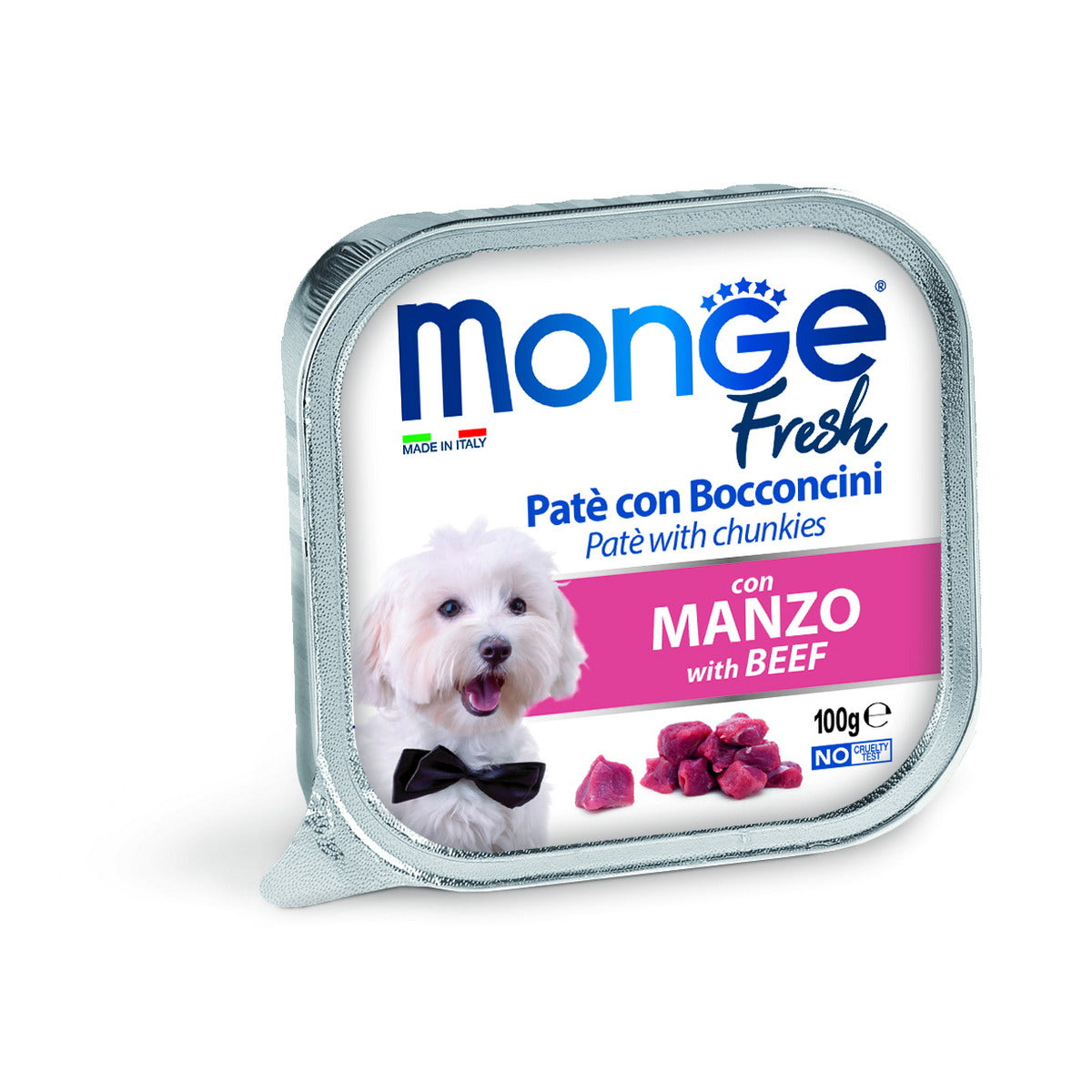 Paté con bocconcini di manzo Monge Fresh per cani in vaschetta da 100 g
