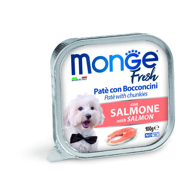 Paté con bocconcini di salmone per cane Monge Fresh in vaschetta da 100 g