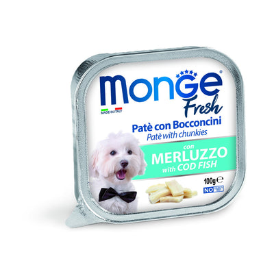 Paté con bocconcini di merluzzo per cane Monge Fresh Dog, vaschetta 100 g