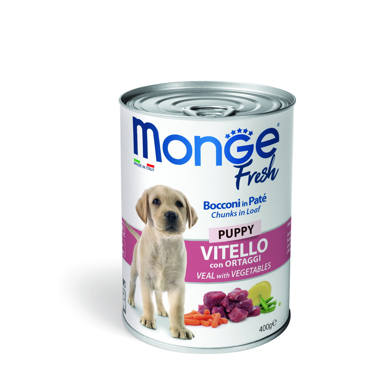 Mangime in paté Monge Fresh per cani cuccioli con vitello e ortaggi, confezione 400 g