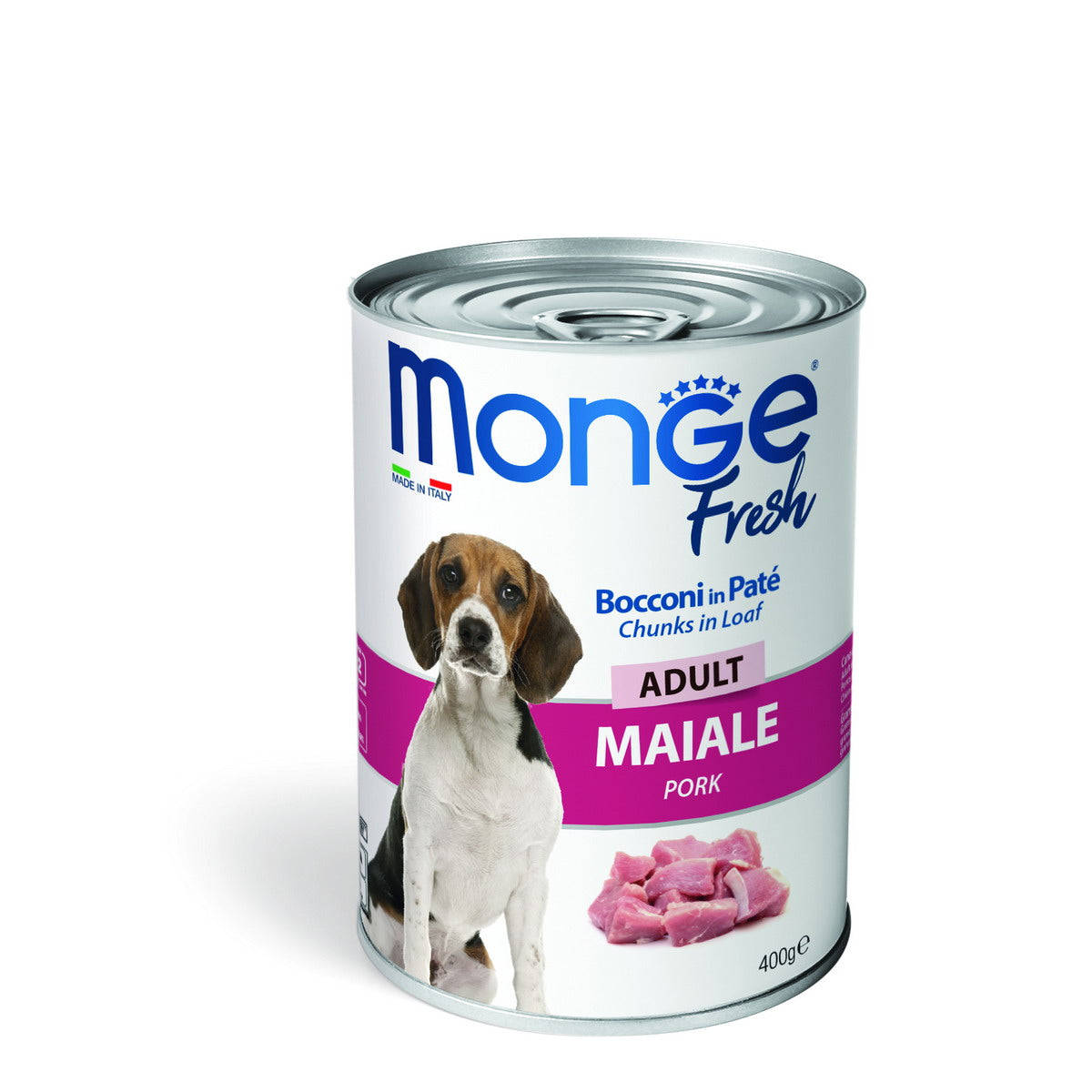Mangime umido Monge Fresh in paté per cani adulti al maiale, lattina 400 g con bocconi di verdure