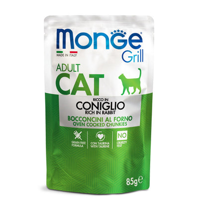 Mangime umido Monge Grill per gatti adult con coniglio in gelatina, busta 85 g