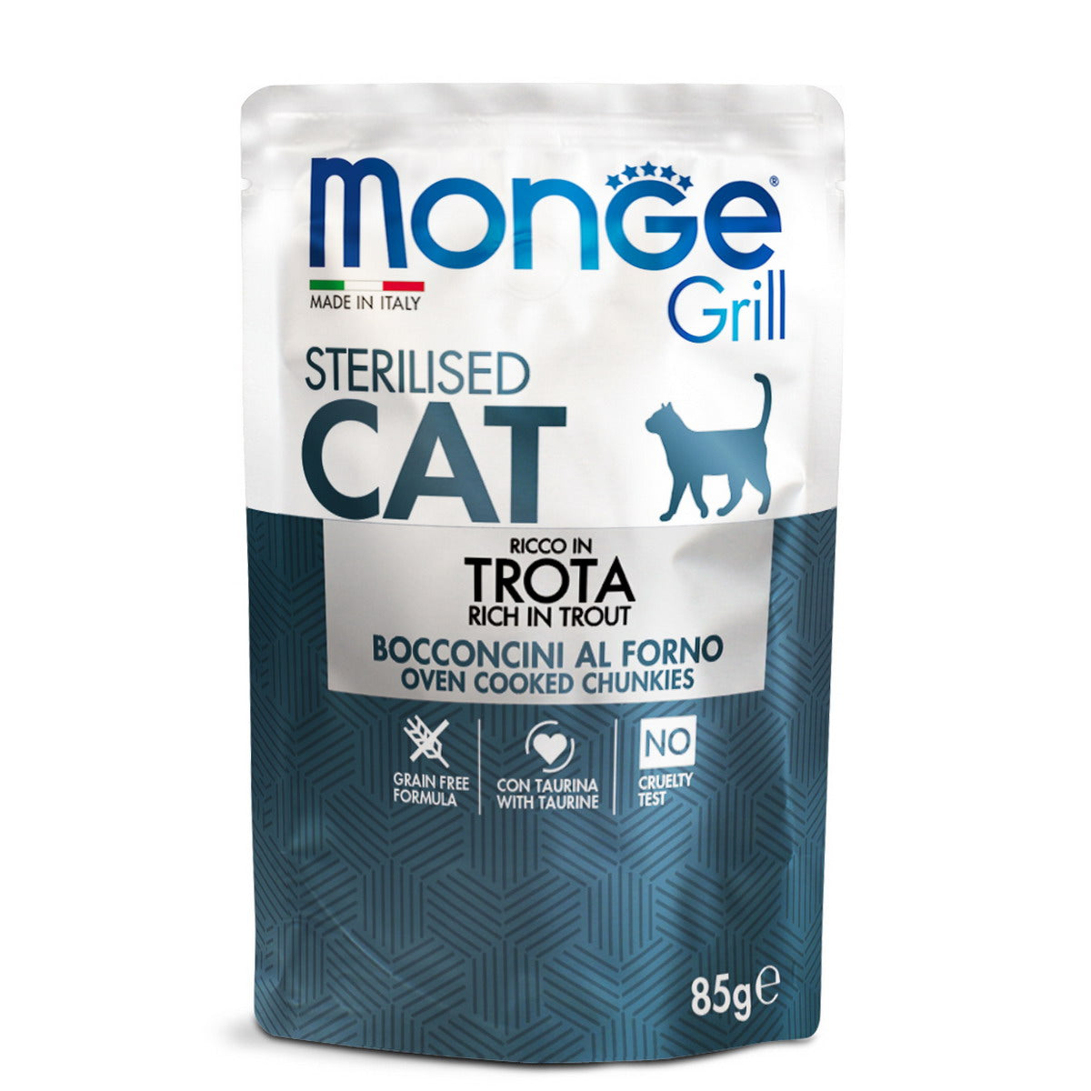 Alimento umido per gatti sterilizzati Monge Grill in bocconcini di trota, busta 85 g