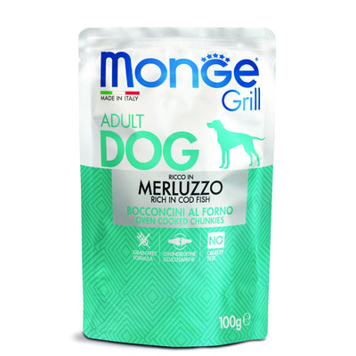 Bocconcini Monge Grill per cani adulti con merluzzo cotto al forno, 100 g