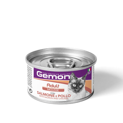 Mousse GEMON per gatti adulti con salmone e pollo, lattina 85 g