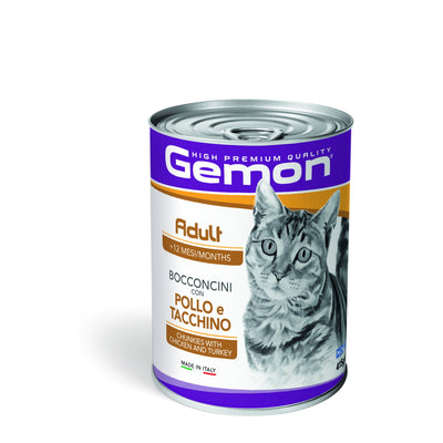 Bocconcini umidi per gatti adulti con pollo e tacchino Gemon, confezione 415 g