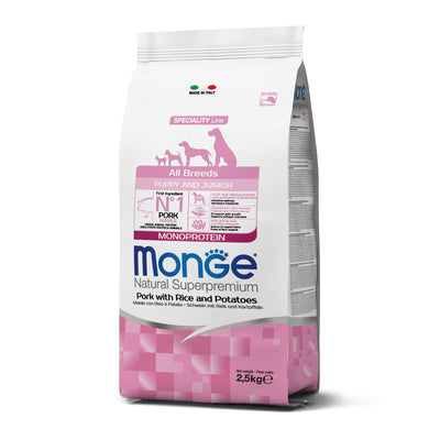 Monge Dry Dog Puppy Junior Maiale Riso Patate, crocchette monoprotein per cuccioli di tutte le taglie