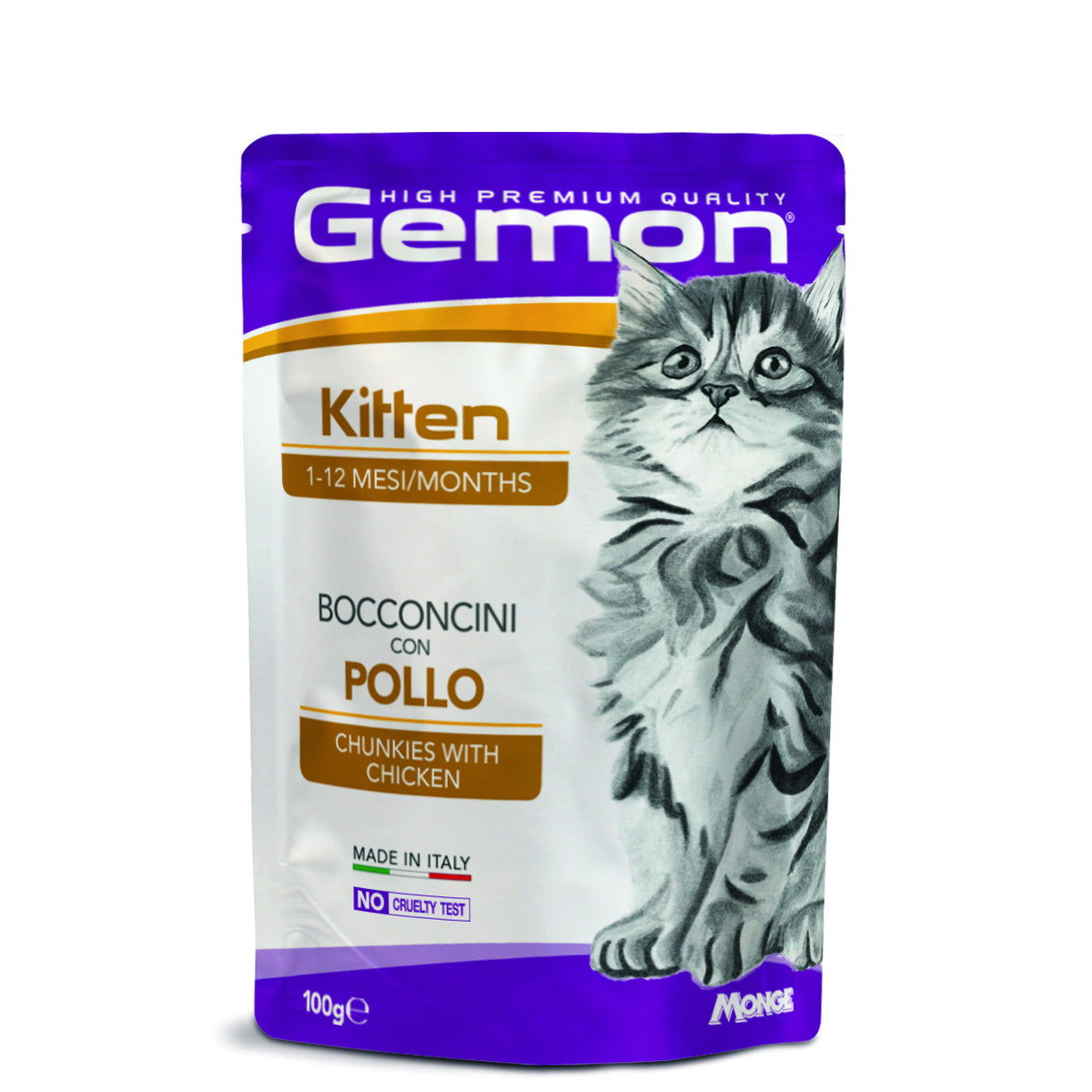Bocconcini umidi GEMON per gattini con pollo, 100 g, alimento completo in accrescimento