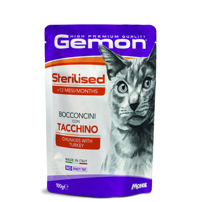 Bocconcini umidi GEMON per gatti sterilizzati con tacchino fresco, confezione da 100g