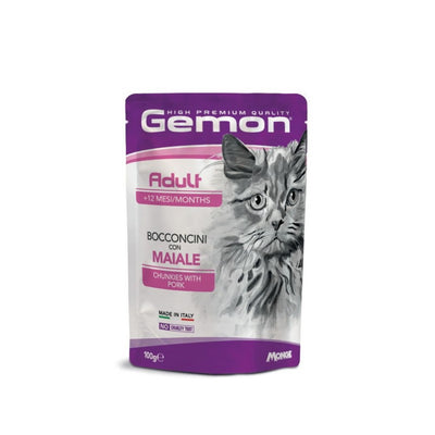 Bocconcini per gatti adult con maiale Gemon, 100 g, alimento completo senza conservanti artificiali