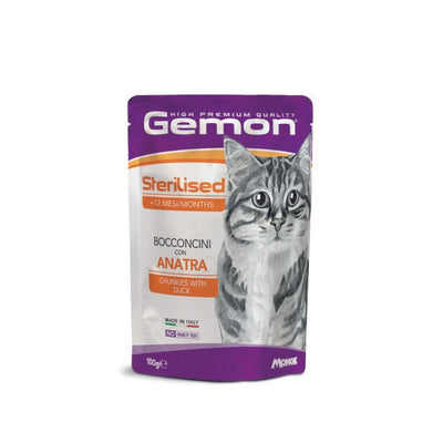 Bocconcini per gatti sterilizzati con anatra GEMON, confezione da 100 g
