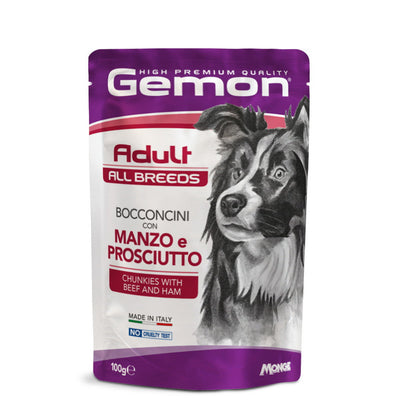 Bocconcini GEMON per cani adult con manzo e prosciutto, confezione da 100 g